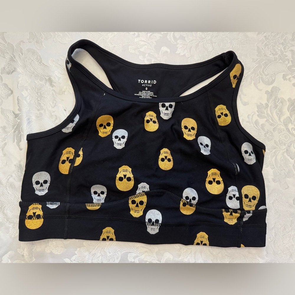 Torrid Active Size 0 Black Sports Bra Gold Silver Glitter Skulls large/12